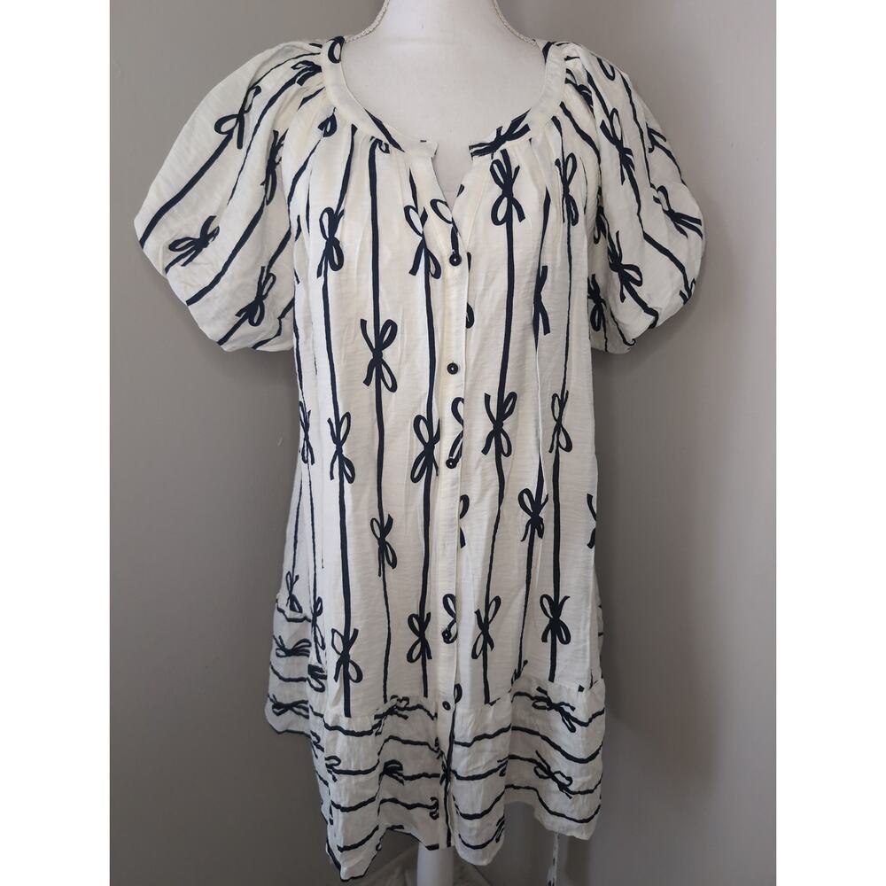 Umgee cottagecore bow print puff sleeve buttonfront dress lg - Picture 2 of 10